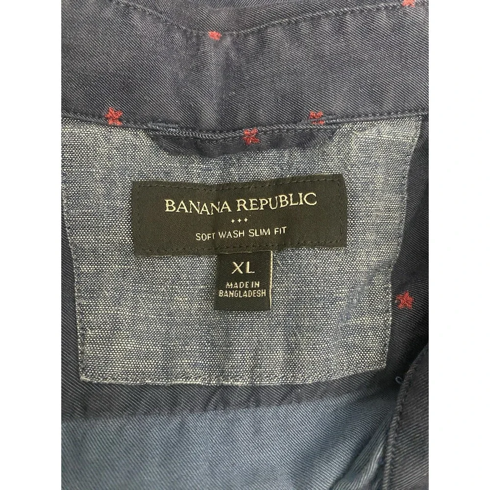 Banana Republic Mens Button Down Short‎ Sleeve Shirt Size XL Navy With Red Stars